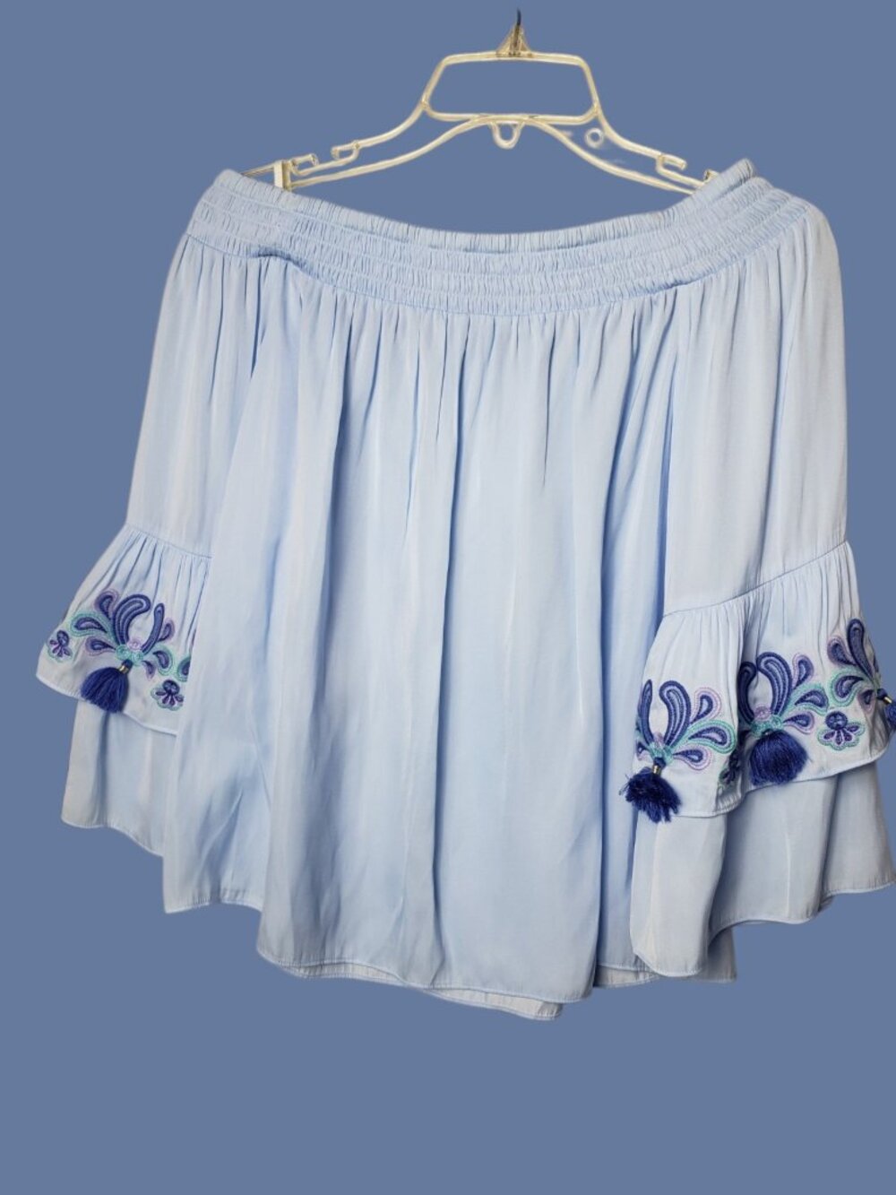 Lilly Pulitzer Off-Shoulder Top W/Embroidered Bell Sleeves & Tassels Blue Small - Picture 3 of 11